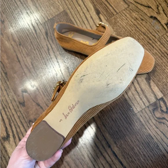 Sam Edelman Women's Corduroy Mary Jane Flats in Camel Brown with Gold Buckle - Picture 4 of 4